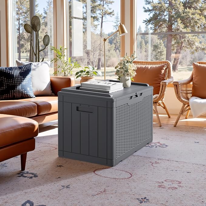 JUMMICO 100 Gallon Resin Deck Box with Cushion, Waterproof Outdoor Storage Box with Lockable Lid for Garden Tools, Patio Cushions (Gray)