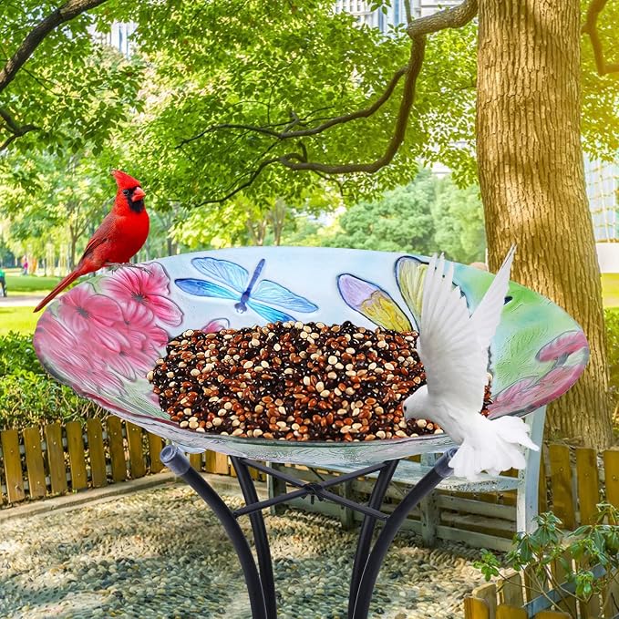 MUMTOP Bird Bath-Bird Baths for Outdoors - Dragonfly Large Bird Bath Bowl with Metal Stand, Glass BirdBaths for Garden Lawn Yard Decor