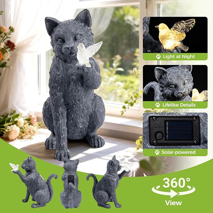 Solar Cat Garden Outdoor Statues, Cat Sculpture with Glowing Bird Light, Lawn Decoration, 10 Inches Tall, for Patio, Balcony, Garden, Yard, Birthday Gift for Mom, Grandma and Women