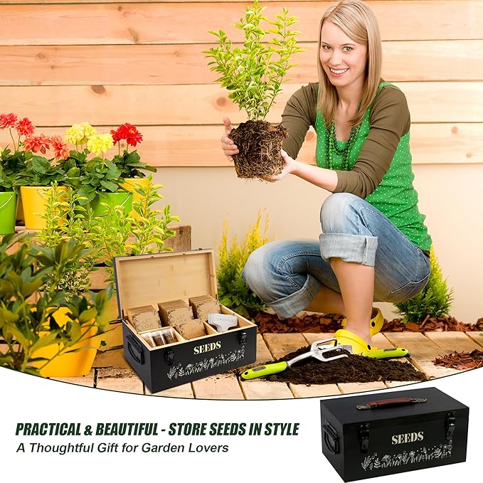 Large Seed Storage Organizer Box with Handle, Bamboo Wood Seed Packet Storage, Seed Holder Organizer, Seed Saving Box with Safety Lock, Seed Envelopes and Labels, Great Gifts for Gardener