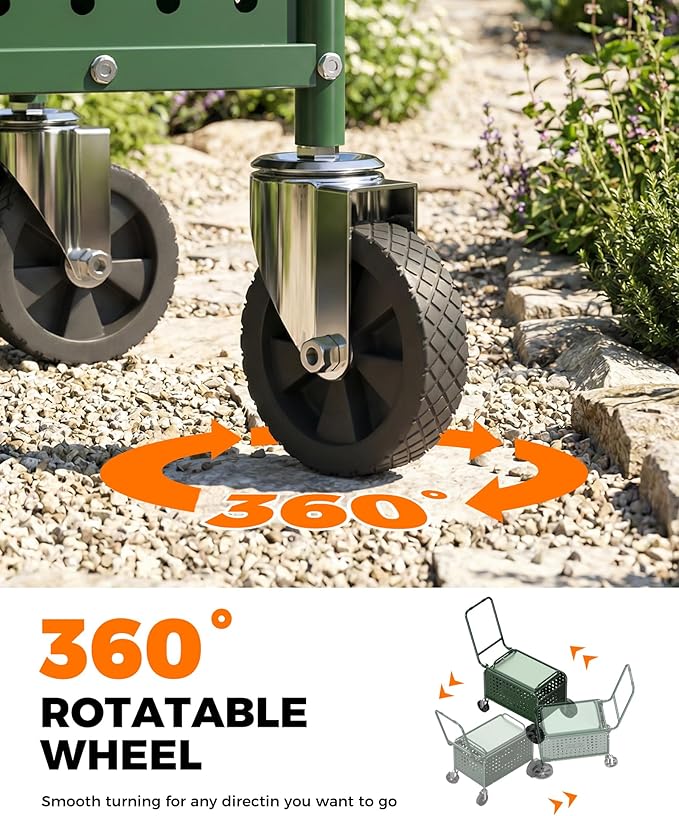 Rolling Garden Work Seat with Wheels, Upgraded Heavy Duty Cart for Seniors with Rotatable 360-Degree Wheels and Extended Handle, Garden Seat with Wheels for Lawn, Patio & Backyard Gardening, Green