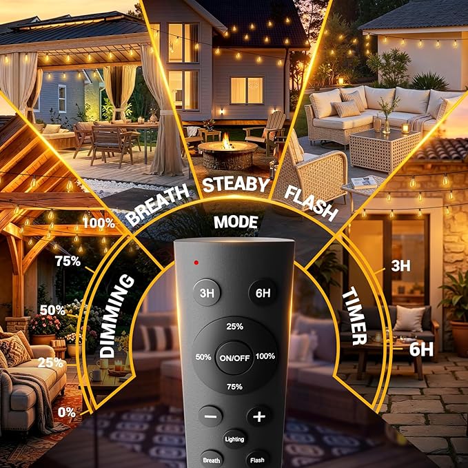 100FT Patio String Lights Outdoor, 35+1 LED Shatterproof Bulbs with Remote & Timer,2700K Dimmable Waterproof Hanging Decor for Backyard, Garden, Porch, Balcony, Wedding Party Lighting