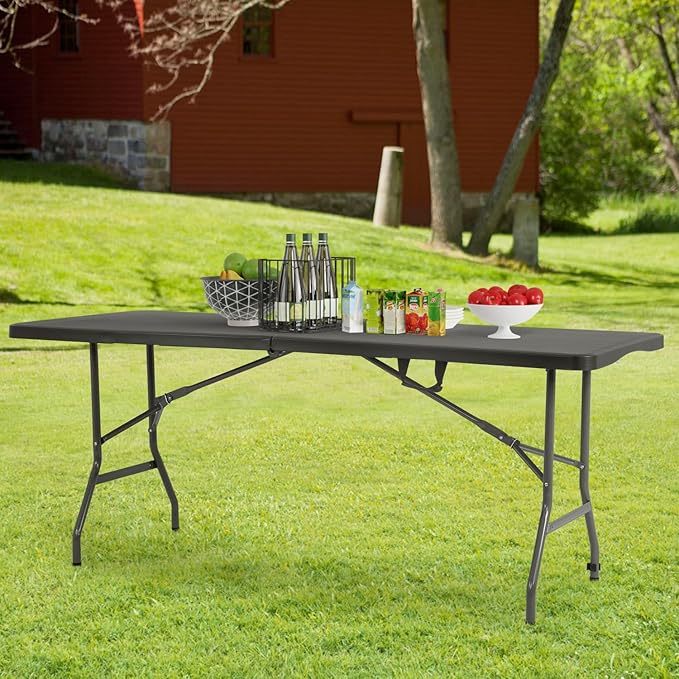 PayLessHere | 6FT Folding Table | Black | Portable Plastic Table with Carry Handle | Waterproof & Foldable Table Design | Steel Frame with Lock | for Events, Camping, Indoor & Outdoor Use