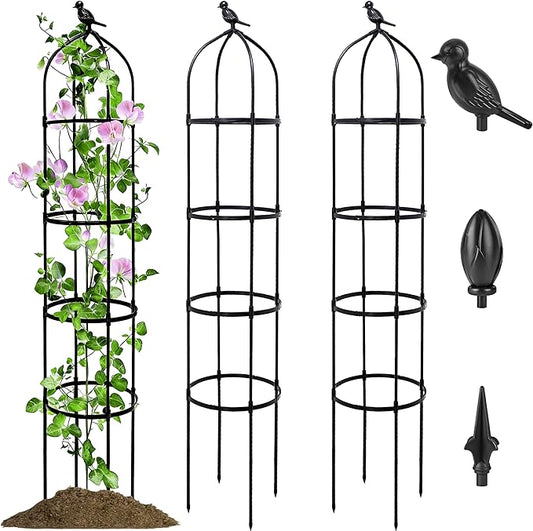 2 Pack Garden Obelisk Trellis for Climbing Plants Outdoor, 6FT Adjustable Metal Plant Support with 3 Decorative Tops, Black Rustproof Trellis for Roses, Tomatoes, Clematis & Vines