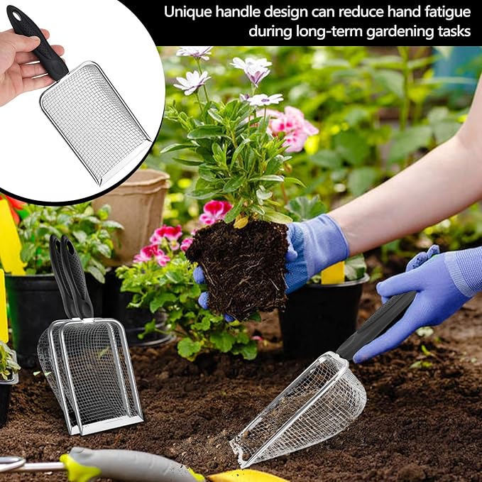 Huakaile 2 Pieces 5 & 3.8 mm Soil Sifter for Gardening, Stainless Steel Compost Sifter with Plastic Handle, Garden Mesh Shovel Potting Scoop for Sand Rock Gravel Filtration (2)
