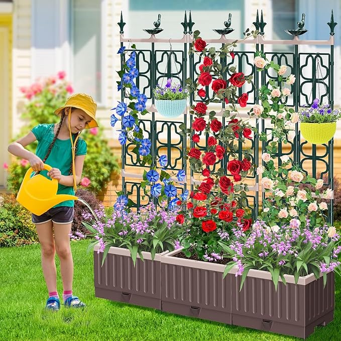 Raised Garden Bed Planter Boxes with Trellis,61.4" Self-Watering Trellis with Planter Box for Climbing Plants Flowers Vegetables,Use for Indoor Outdoor