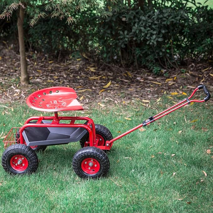 Adjustable Garden Cart, Red, 360 Degree Swivel Seat, Durable Steel Frame, Waterproof, Adjustable Handle, Tool Tray, Mobility