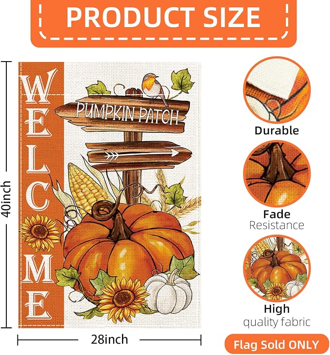 Fall Garden Flag burlap autumn vertical double Sided Fall Thanksgiving Pumpkin Garden Flag Yard Outdoor Decoration(28 * 40in)