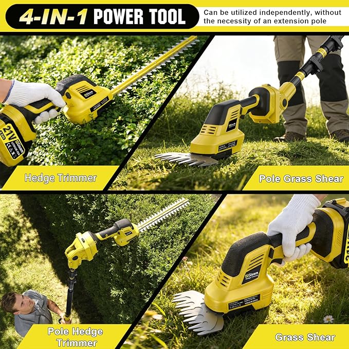 4-in-1 Pole Hedge Trimmer Cordless - Electric Hedge Trimmer & Grass Shear with Extension Pole, 2*4.0Ah Battery,180° Adjustable Angle,16Ft Reach,Hedge Trimmers Cordless with Battery for Shrubs Pruning