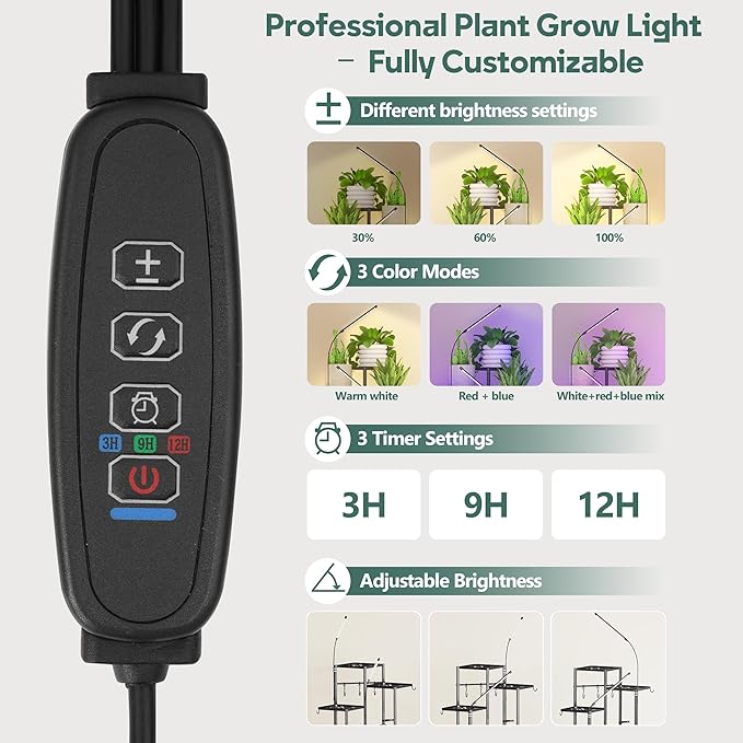 Quikraen 8 tiers Metal Plant Stand with Grow Lights, Tall Lighted Corner Plant Shelf for Indoor Plant Growing,Flower Pot Holder, Plant Rack for Home Decor, Patio (Black)