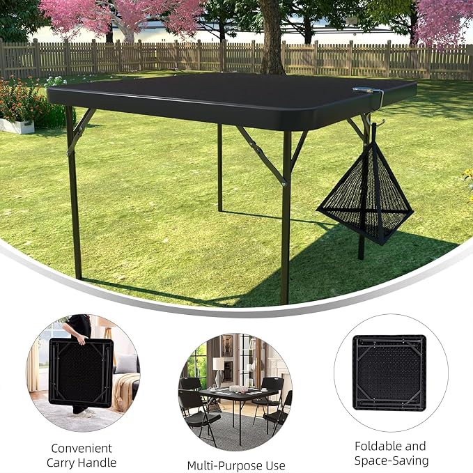 VECELO Folding Card Table Square with Mesh Bag, Heavy-Duty Collapsible Locking Legs & Easy to Storage, Portable for Indoor/Outdoor Use, Black