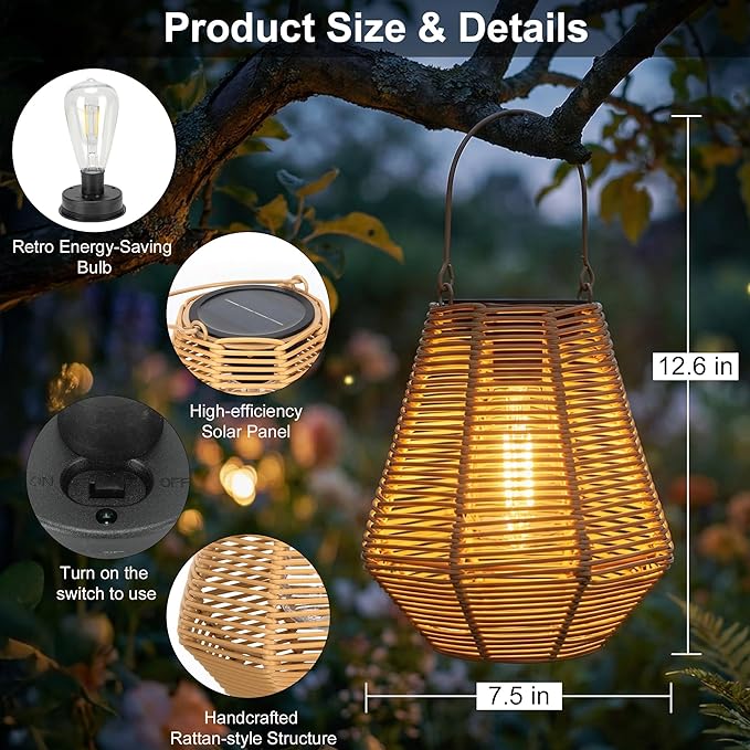 Solar Lanterns, 2 Pack Rattan Hanging Lights Solar Lanterns Outdoor Waterproof Outside Solar Lamp for Garden Patio Yard Porch Pathway Table Decor Decorative Birthday Gifts for Mom Grandma