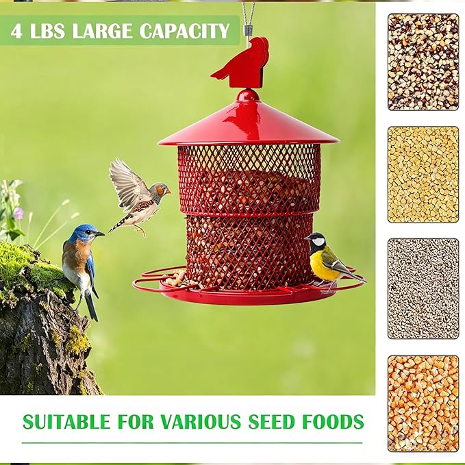 Squirrel Proof Bird Feeder for Outdoors, 4 Lbs Large Capacity Metal Mesh Wild Bird Feeders, Hanging Birdfeeder for Finch, Cardinal, Chickadees, Blue Jay, Red