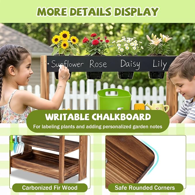 HONEY JOY Mud Kitchen, Fir Wood Kids Potting Bench Table, Removable Sink, 4 Planting Cups, Accessories, Outdoor Play Kitchen for Toddlers, Garden Time Mud Kitchen for Kids Outdoor Backyard