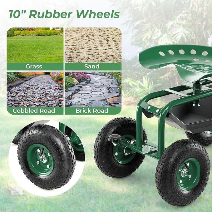 DORTALA 4-Wheel Rolling Garden Cart Work Seat with 360 Swivel & Height Adjustable Seat, Heavy Duty Planting Cart with Storage Basket, Green