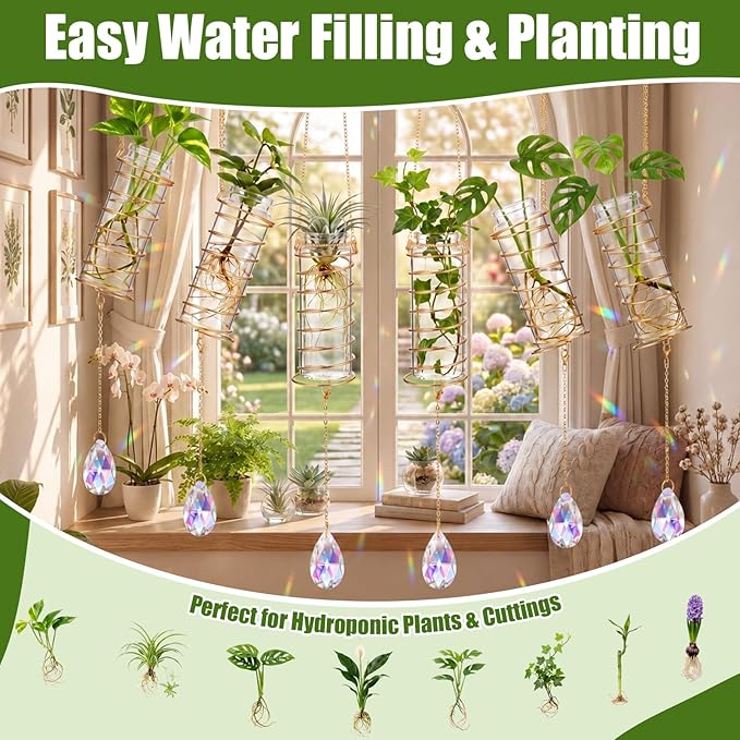 Sieral 6 Set Hanging Propagation Stations with Crystal Suncatchers Glass Propagation Station Planters with Metal Chain for Indoor Wall Hydroponic Propagated Plant Holder Home Decor Gift for Women