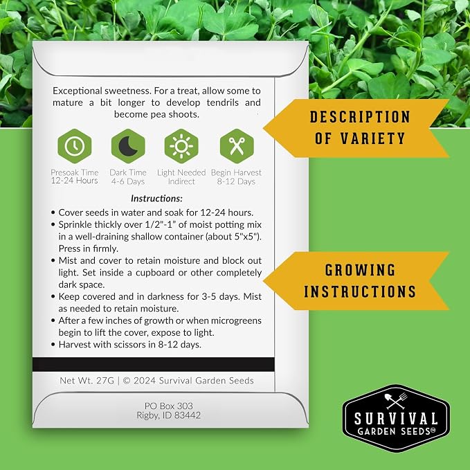 Pea Microgreens Seeds for Sprouting and Growing Indoors – Sweet, Tender Shoots for Windowsill or Countertop Gardens – Grow Your Own Mini Greens – Non-GMO Heirloom – Survival Garden Seeds (1 Pack)