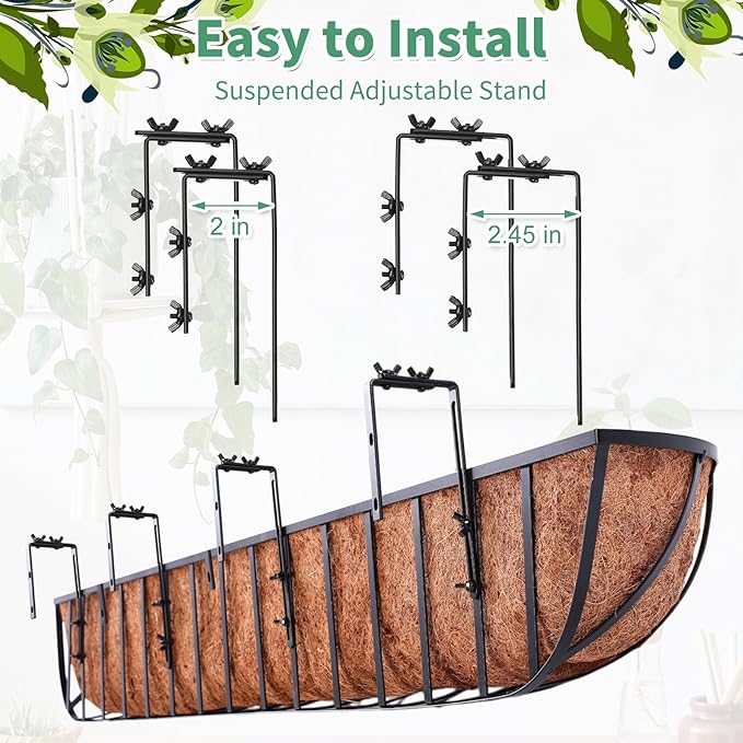 Tessco for you 4 Pack 48 Inch Window Baskets with Coconut Liner 4 Adjustable Flower Brackets Window Deck Planters Boxes Railing Planter Metal Hanging Flower Planter for Indoor Outdoor Lawn