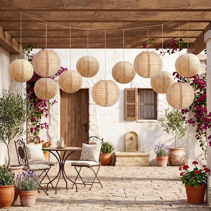 Hortsun 12 Pcs Print Burlap Paper Lanterns Round Chinese Paper Lanterns Farmhouse Boho Classroom Home Decor Classroom Sweet Birthday Party Ceremonial Event (10/12 Inch)