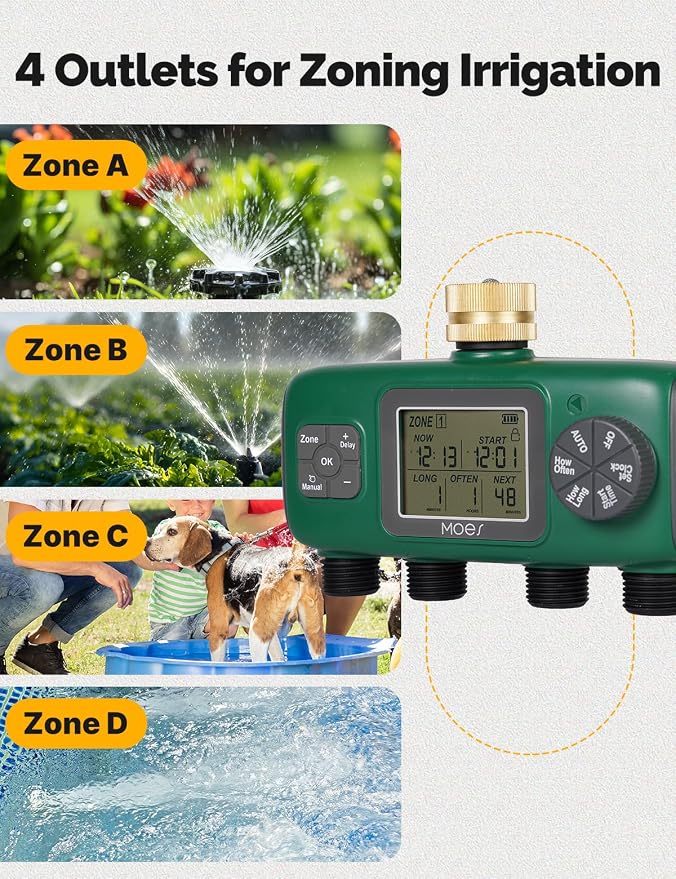 MOES 4 Outlet Sprinkler Timer, Brass Inlet, Programmable Automatic Irrigation Controller, Rain Delay, Manual Watering, 4 Zone Water Hose Timer for Gardens, Lawns, Hose Systems