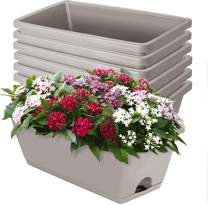 LOCONHA Window Box Planter, Plastic Vegetable Flower Planters Boxes 17 Inches Rectangular Flower Pots with Saucers for Indoor Outdoor Garden, Patio, Home Decor (7, French Grey)