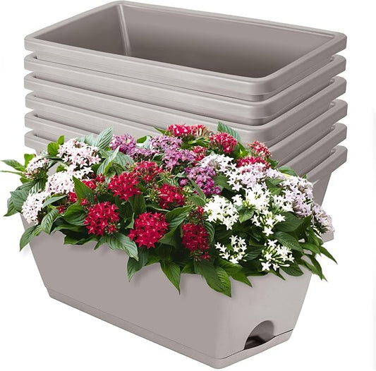 LOCONHA Window Box Planter, Plastic Vegetable Flower Planters Boxes 17 Inches Rectangular Flower Pots with Saucers for Indoor Outdoor Garden, Patio, Home Decor (7, French Grey)