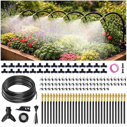 100FT Drip Irrigation System Kit Dual-Zone Garden Atomizing Watering System with 30 Copper 360° Adjustable Bendable Nozzles,Y-Splitter, Leak-Proof 1/4" Misting System for Garden Greenhouse Raised Beds