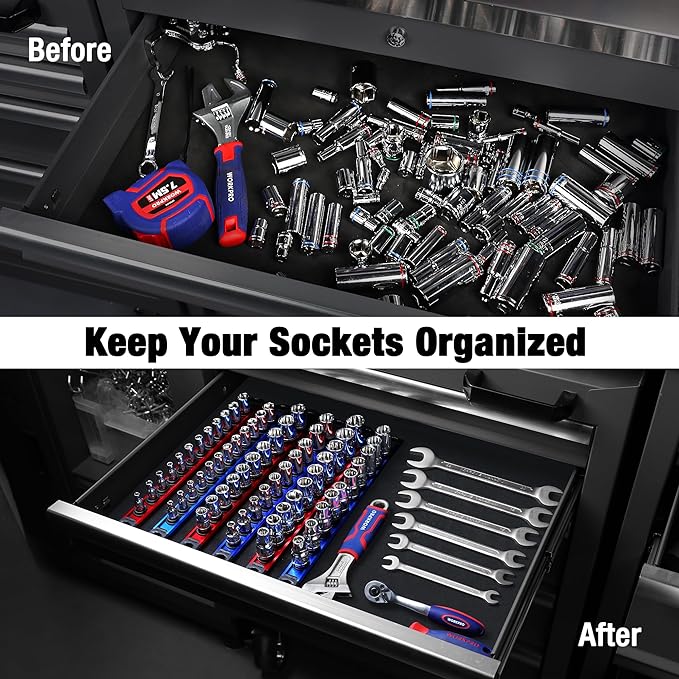 WORKPRO Magnetic Socket Organizer Set, 3-Piece Aluminum Alloy Socket Rail, Heavy Duty Socket Holder, Socket Rack Kit 1/4-Inch x 12 Clips, 3/8-Inch x 10 Clips, 1/2-Inch x 10 Clips (Blue)