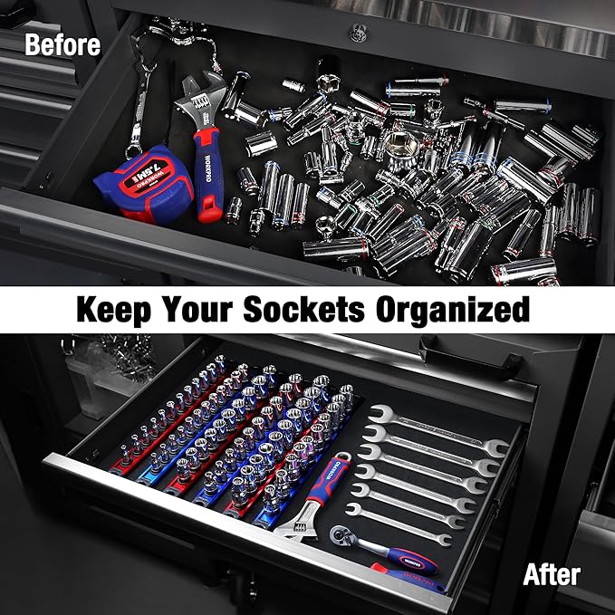 WORKPRO Magnetic Socket Organizer, 1/4-Inch Drive Aluminum Alloy Socket Rail, Heavy Duty Socket Holder, Socket Rack Kit 1/4-Inch x 12 Clips (Red)