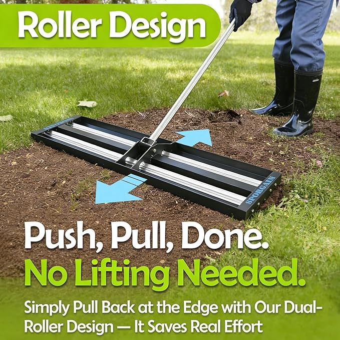 SporGain Lawn Leveling Rake 40"x10", Lawn Leveler with Aluminum Rollers, Yard Leveling Rake Stainless Steel with 27-80" Adjustable Handle, Heavy-Duty Ground Leveler Suit for Garden, Golf Lawn, Farm