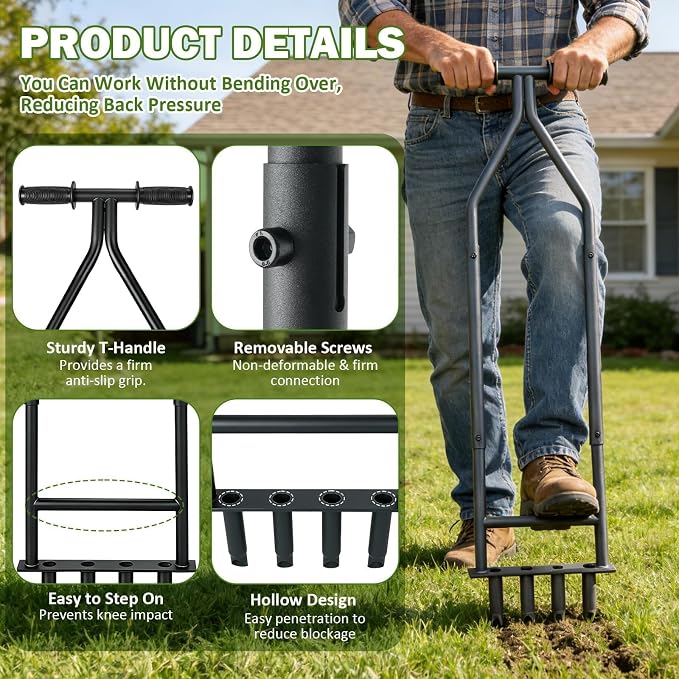 Manual Lawn Aerator Tool, Heavy Duty Detachable Iron Grass Aerator with Root Weeder, Reducing Soil Compaction, Yard Aeration Tool for Garden & Lawn Care