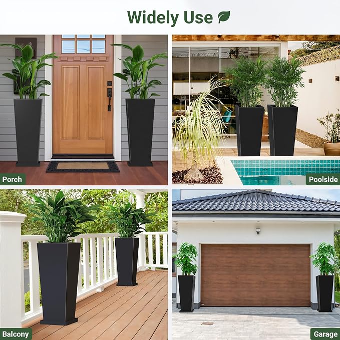 30" Metal Tall Outdoor Planters Set of 2, Durable & Wealtherproof | Tall Planters with Drainage Insert Shelve & Trays, Black Outdoor Planters for Porch, Garden, Yard