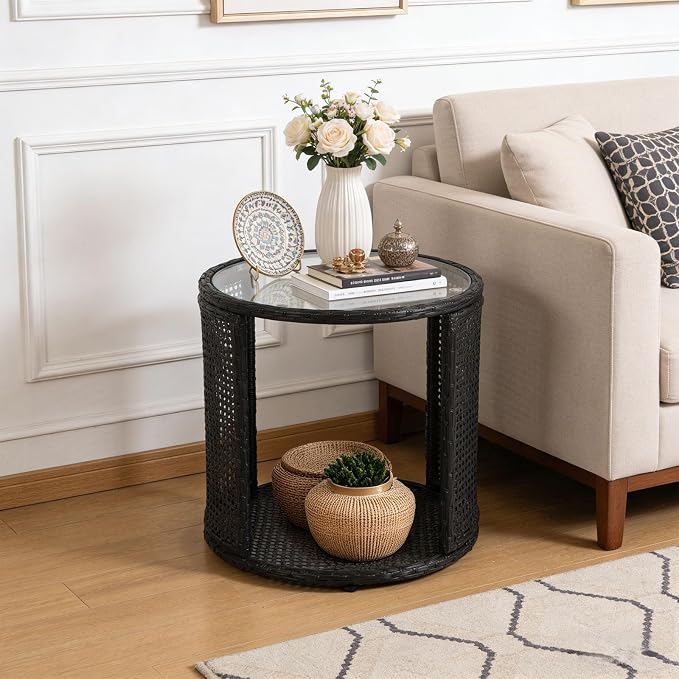 Patio Rattan Side Table - Outdoor Wicker Fashionable Side Table with Large Storage, Round End Table with Glass Table Top for Garden, Backyard, Porch, Deck, Black