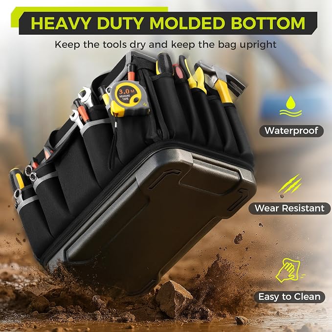 Heavy Duty Tool Bag 18-Inch, Extra Large 46 Pockets Electrician Tool Bag for men with Hard Bottom & Waterproof Pocket, 1680D Tear-Proof Toolbox Organizer for HVAC Mechanic, Father Dad Birthday Gift