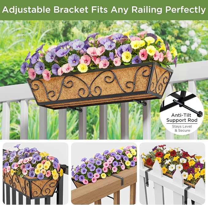 Y&M Railing Planter Boxes 24 Inch 2 Pack, Window Box Planters for Outdoor Plants, Adjustable Hanging Balcony Planters with Coco Liner for Railing, Deck, Porch