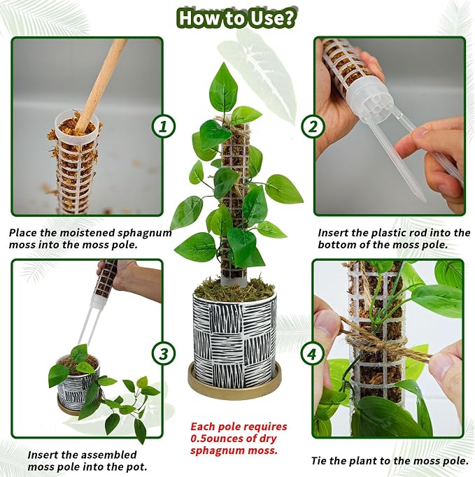 Small Moss Pole for Monstera - Stackable & Refillable Plastic Moss Poles for Climbing Plants with Large Mesh Design (4Pack-White-Small)