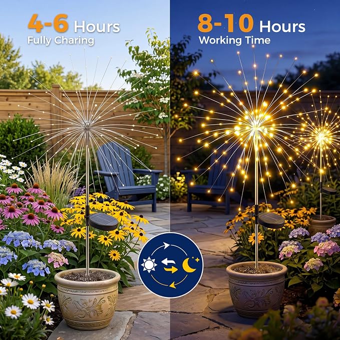 btfarm 3 Pack 120 LED Solar Garden Lights Outdoor, 8 Modes Firework Lights Solar Powered, Waterproof Twinkle Fairy Light Outside for Yard Patio Pathway Pool Christmas Party Decorative, Warm White