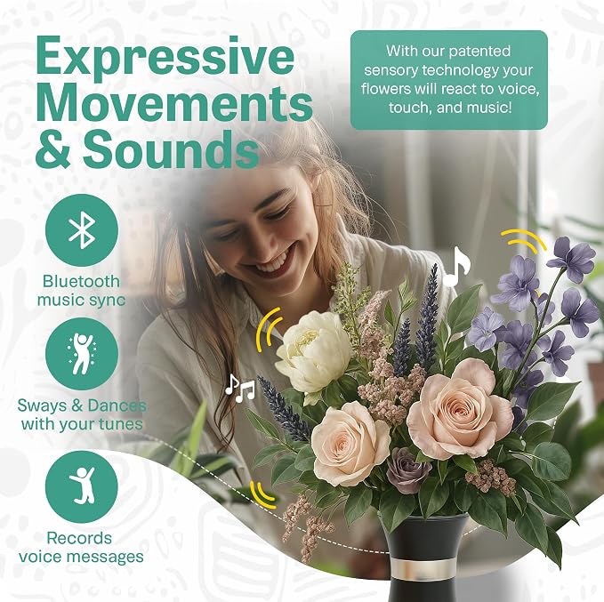 Interactive Robotic Charcoal Black Vase for Flower Bouquets | Bluetooth Capable, Touch Sensitive Floral Holder | Record a Message for Mother's Day, Birthdays, Anniversaries | 6x9 Inches