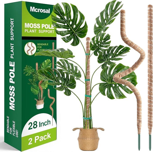 2 Pack 28'' Bendable Moss Pole Monstera Plant Support for Indoor Climbing Plants, Tall Plant Stick Support Stake for Potted Plants, Pothos, Philodendron