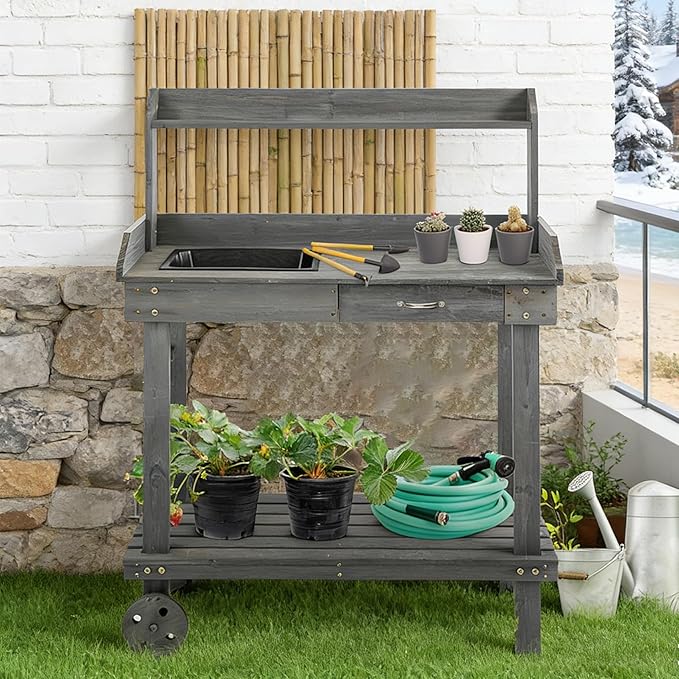 Potting Bench with Sink 36'' Garden Work Bench Mobile Planting Table with Wheels Drawer and 3-Tier Shelves for Patio Backyard Greenhouse Gray