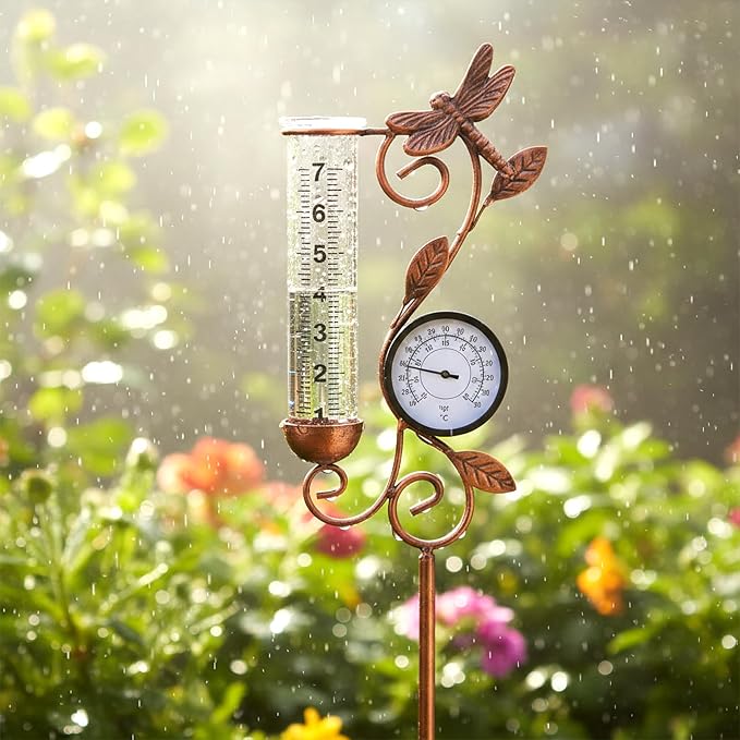 Rain Gauge Outdoor, Coppery Dragonfly with Thermometer Rain Gauges,Used for Measuring Precipitation and Temperature Garden Decor