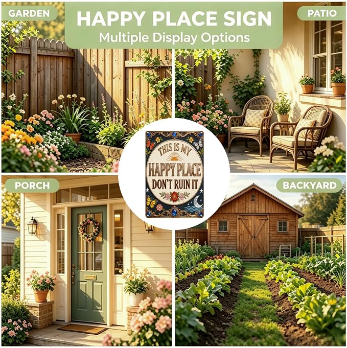 Funny Garden Signs, This is My Happy Place 2D Flat Vintage Garden Decor, Outdoor Wall Decor for Patio Yard Greenhouse Home, Waterproof Garden Gifts 8x12 Inch