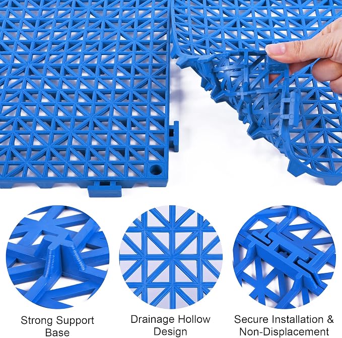 MYFAMIREA Modular Interlocking Cushion 12 Pack 11.8" x 11.8" Rubber Floor Tiles Non-Slip Splicing Drainage Mats for Deck, Pool, Outdoor Shower, Patio, Balcony, Indoor Bathroom, Kitchen, Yard (Blue)