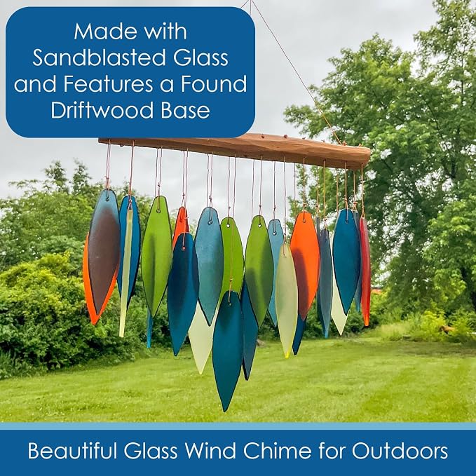 Blue Handworks Atlantic Coast Glass Chime, Sandblasted Glass and Found Wood Handcrafted Wind Chime