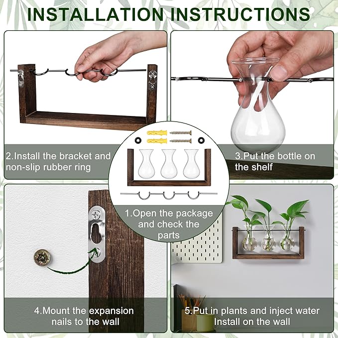 YIBOT Wall Hanging Planter Plant Propagation Stations Glass Flower Vase | Plant Terrarium with Wooden Stand,Gifts for Plant Lovers,Bathroom, Home Office Living Room Decor