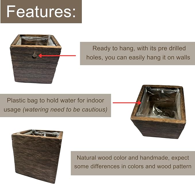 LaLaGreen Wood Planter Box for Plants (4x4 Inch, 2 Pack) Small Square Wall Planters for Indoor Plant, Window Hanging Flower Pot Wooden Boxes for Table Centerpiece Herb Balcony Home Garden Office Decor