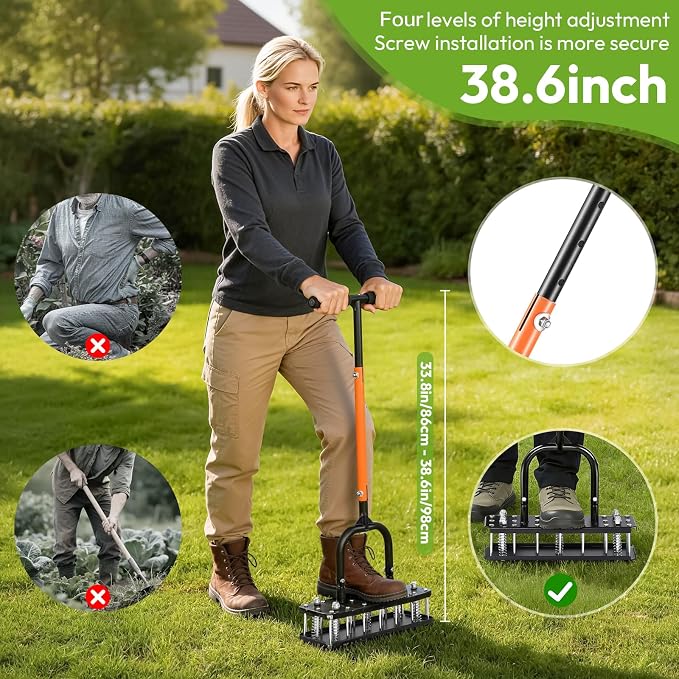 Manual Lawn Aerator Tool, Heavy Duty All Metal with 21 Steel Tines, Spring-Loaded Self-Cleaning for Soil Aeration, Adjustable Height Tool for Garden, Lawn, Yard