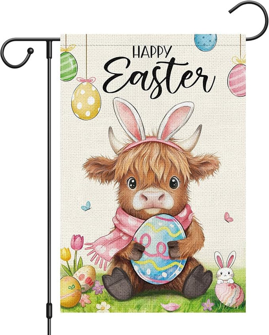 Heyfibro Happy Easter Highland Cow Bunny Garden Flag 12x18 Double Sided Burlap, Cute Cow with Bunny Ears & Easter Egg Yard Banner for Spring Holiday Farmhouse Yard Outdoor Decor(ONLY FLAG)