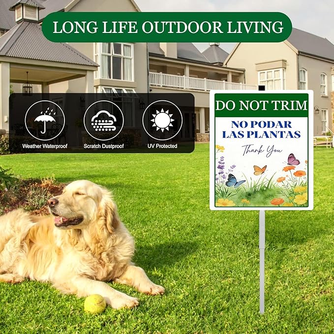 Do Not Trim No Podar Las Plantas Yard Sign With Stakes in English and Spanish Do Not Mow Rustproof Reflective Aluminum Pollinator Friendly Garden Sign Stand Outdoor 8X12 IN