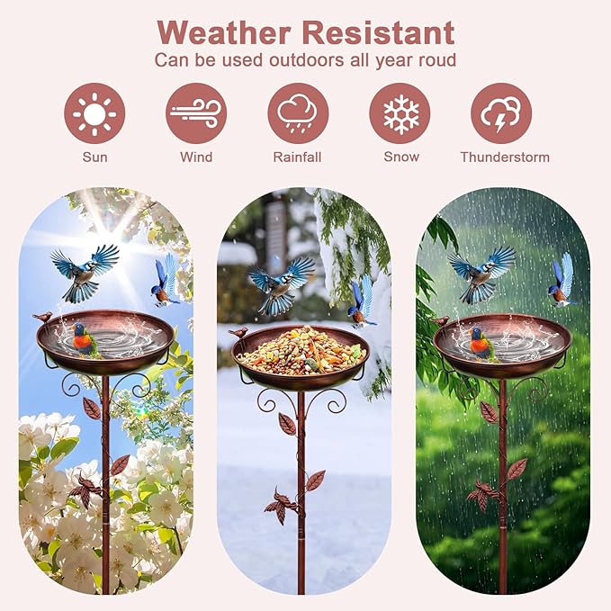 Bird Bath for Outside, 2 Bird Decor, Hummingbird on Pole & Sparrow on Bowl, 38.5 Inch Height Garden Birdbaths, 12 Inch Antique Bronze Freestanding Birdfeeder Bath for Yard Patio
